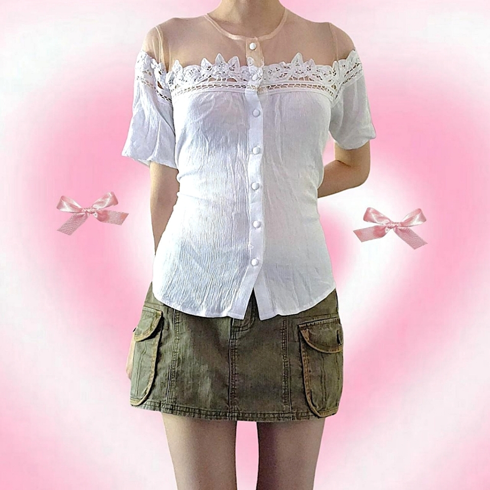 Y2K Gimmicks Horror Game Protagonist Coquette Floral Lace Button Up Mesh Blouse